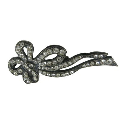 $83.99 • Buy Tied Bow Brooch Pin Silvetone VTG 2.3 In Women Estate Trombone Clasp Rhinestones