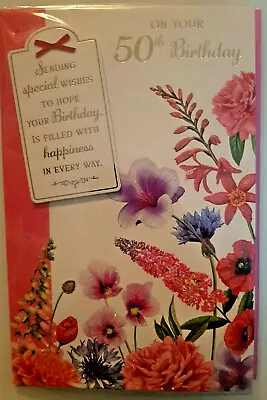 50th Birthday Card For Her 50 Year Old Female Beautiful Glittery Flowers 10 X 7 • £3.59