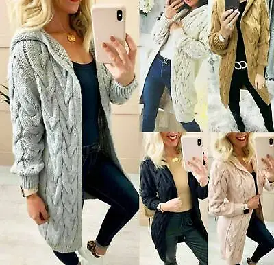 £19.69 • Buy Women Ladies Cardigan Cable Knitted Oversized Long Hooded Chunky Jumper Top Cape