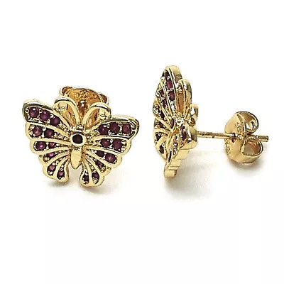 14k Gold Plated Stud Earring Butterfly Design With Ruby Color Micro Pave Cz M613 • $10.95