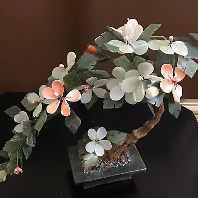 Vntg Hand Carved Chinese Jade & Semiprecious Stone Flower Bonsai Tree Figurine • $123