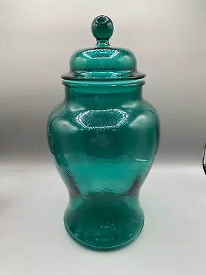 Vintage Indiana Glass Teal Green Blue Dimpled Apothecary Jar Canister 11.5” • $19.99