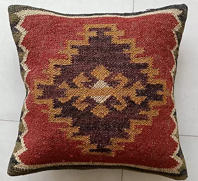 Wool Jute Cushion Cover Throw Indian Vintage Handmade Kilim Pillows Case 18x18  • $34.60