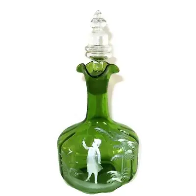 Antique Mary Gregory Enameled Green Glass Decanter With Stopper 10 1/2  Girl • $107.66