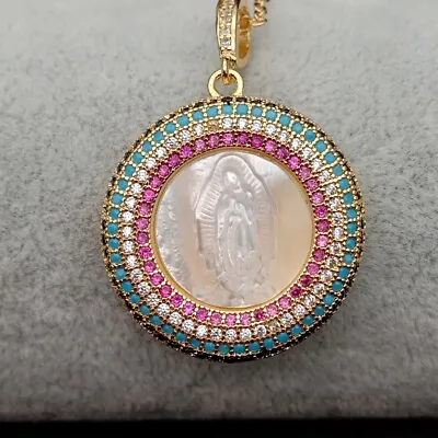 17.5  White Shell Virgin Mary Colorful CZ Micro Pave Coin Pendant Necklace • $13.30