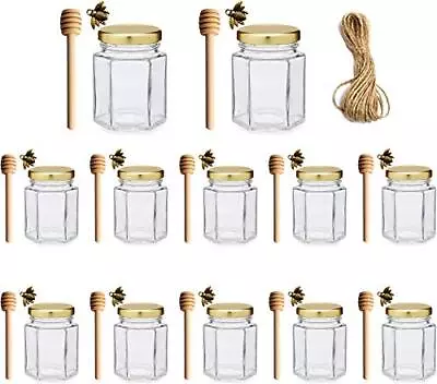 4Oz Hexagonal Honey Jars - Glass Honey Jars With Gold Lids Wooden Dippers Bee • $27.86