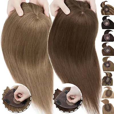 Natural Topper Hairpiece Clip In REMY 100% Human Hair Silk Base Toupee Wig Brown • $55.45