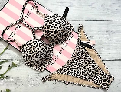 VICTORIA'S SECRET SWIM Metal CHAIN Push Up Top Bra Brazilian Set Leopard • $78.52