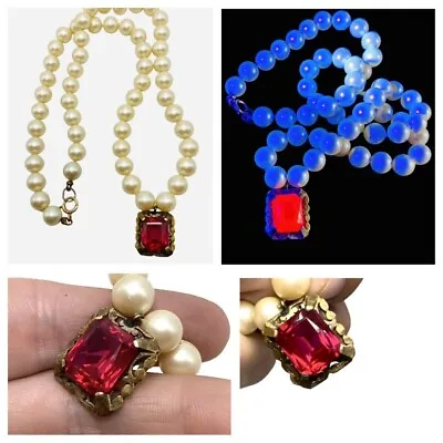Vtg Victorian Genuine Pearl Pigeon Blood Vibrant Ruby 14K Gold Necklace Jewelry • $6500