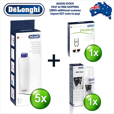 $129.99 • Buy 5 X Delonghi DLS C002 Water Filter + EcoDecalk 200ml Descaler + Milk Cleaner Kit