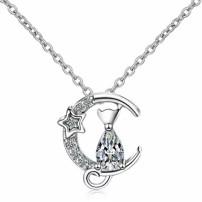 £3.95 • Buy Women Crystal Moon Cat Pendant Chain Necklace 925 Sterling Silver Jewellery UK