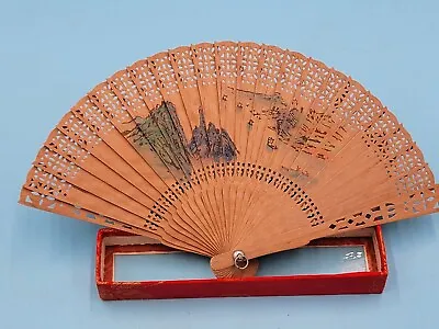 Vintage Chinese Sandalwood Fan With Original Glass Top Box (Pre Owned) • $9.99