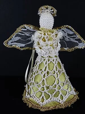 Vintage Hand Crochet LG Starched Satin Lace Angel Christmas Tree Topper B8957 • $8.86