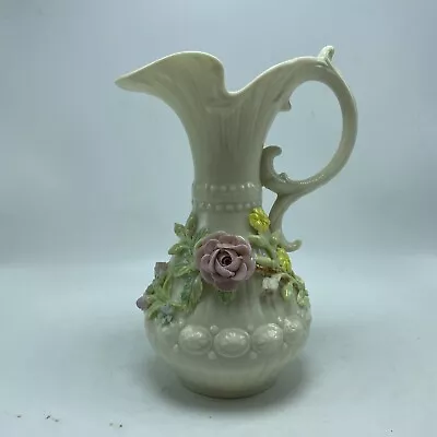 £74.54 • Buy Belleek Ireland 7.5” Vase Ivory Roses Handle Vintage Ornate Delicate