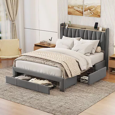 Queen Size Upholstered Bed Frame With Storage Headboard & Charging Station • $294.02