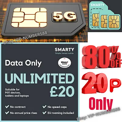 20P ONLY Smarty Sim UNLIMITED DATA ONLY SIM Smarty Mobile WIFI ROUTER HOTSPOT UK • £0.99
