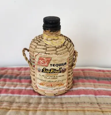 OLD MINI Tequila Bottle Covered In Wicker • $22