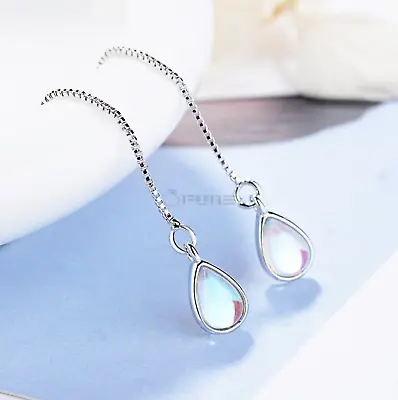 925 Sterling Silver Threader Pull Through Ear Opal Long Chain Dangle Earrings • £4.99