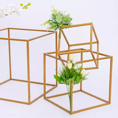 2 MATTE GOLD 12  Tall Geometric Metal Cube Stands Wedding Flower Vase Holders • $21.34