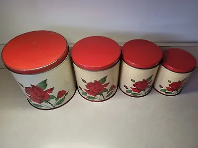Set Of 4 Nesting Tins Cream & Red Roses Kitchen Canisters Vintage • $19
