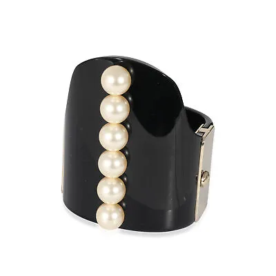 Chanel 2015 Gold Tone Resin Hinged Bangle Bracelet With Faux Pearls • $1369.19