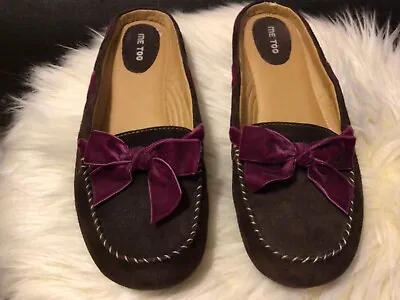 ME TOO Leather SLINGO Slides Brown Suede With Purple Bows Woman’s Size 8.5M • $23.99