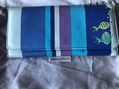Collectible Emilio Pucci Long Wallet Marine Blue Leather With Fish Design • $135