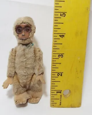 RARE Antique Small 4 3/4  Tall MECHANICAL MONKEY TOY Puppet Movable Head Mohair • $95