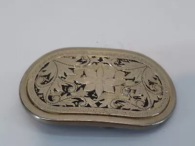 Floral Etched Belt Buckle ~ Black W Nickel Silver Plated Vintage Western - 70's • $24.94