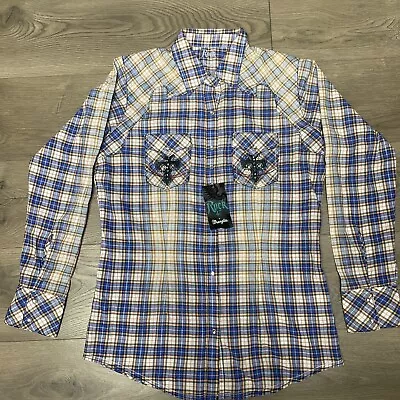 Rock 47 Wrangler Western Rhinestone Snap Shirt Blue Plaid Womens Sz L • $51.38