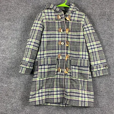 Mini Boden Coat Girls 12 12 Green Plaid Wool Blend Full Zip Hooded Toggle Lined • $27.95