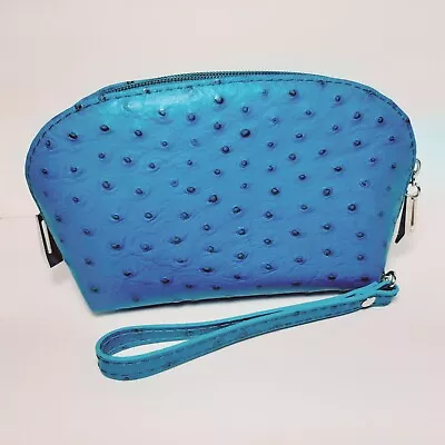 Vera Pelle Made In Italy Teal Aqua Ostrich Embossed Leather Makeup Bag Wristlet • $25.50