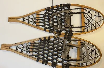 Vintage SNOW SHOES Wood With Rawhide & Leather Bindings 12 X 36 Cabin Home Decor • $59.99