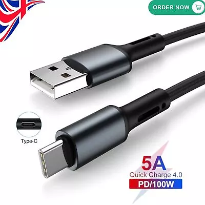 5A USB To Type C Fast Charger 100W Braided USB C Cable Charging Data Sync Lead • £3.35