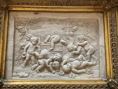 1921 French Antique Carved Marble Plaque High Relief Drunk Cherubs Grapes Wine • $275