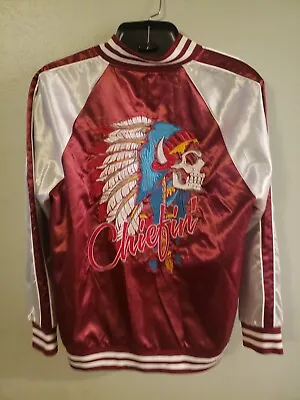 CHIEFIN Indian Jacket Satin Medium 2XL Carbon Maroon Silver Embroidered Read • $24.99