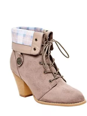 Hot Topic OUTLANDER Tartan Taupe Lace-up Heel Booties BOOT Size 10 3  Heel NIB • $116.95