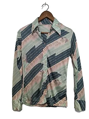 Vintage Mens 70's Disco Wide Collar Button Down Silky Poly Knit Shirt 34 XS Teen • $26.95