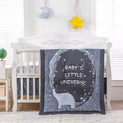 3Piece Baby Crib Bedding Set For Boys Elephant Moon Star Themed Nursery Bedding  • $84.72