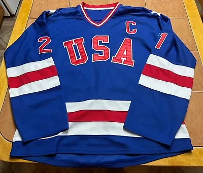 Mike Eruzione Miracle On Ice Team USA Jersey With Fight Strap Sz Large No Brand • $39.94