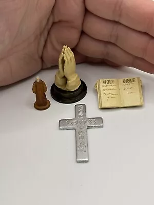 Vintage Miniature Unique Religious Catholic Figures Monk Cross Holy Bible • $20