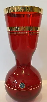 Vintage Murano Vecchia Glass Ruby Red Vase 24K Gold Gilt Stripes Bottle Neck • $40