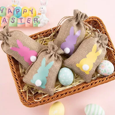 6-24Pcs Easter Bunny Burlap Gift Bags With Drawstring Rabbit Kids Candy Bag Gift • £3.13