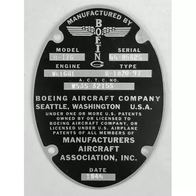 Boeing B-17G Data Plate On Aluminum Stock DPL-0101-SJ • $19.99