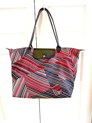 NWOT Longchamp Le Pliage Tote Pink Black White Geometric Stripe Print Large New • $128.89