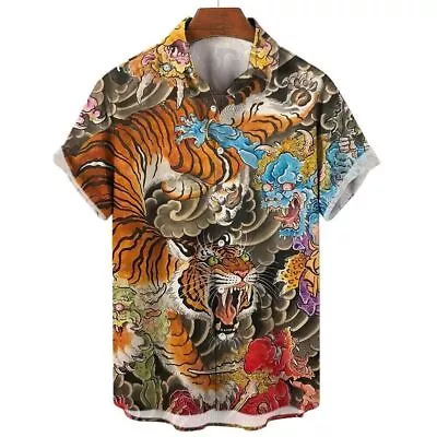 Asian Tiger Dragon Fight Art Colorful Digital Printed Men's Button Up Shirt Tops • $11.99