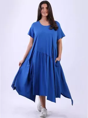 MADE IN ITALY Dress Lagenlook Swing Asymmetric Cotton ROYAL To Fit Size 14 To 20 • £28.95