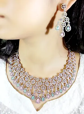 Indian Bollywood Bridal Set Gold Plated Jewelry Earrings CZ Ethnic AD Necklace • $26.69