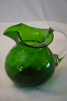 Vintage Nasson Moretti Murano Glass Green Ice Lip Pitcher W/sticker & Etch Italy • $39.99