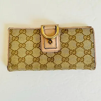 Auth Gucci Vintage Signature Logo Canvas And Leather Long Wallet 141412.203887 • $249
